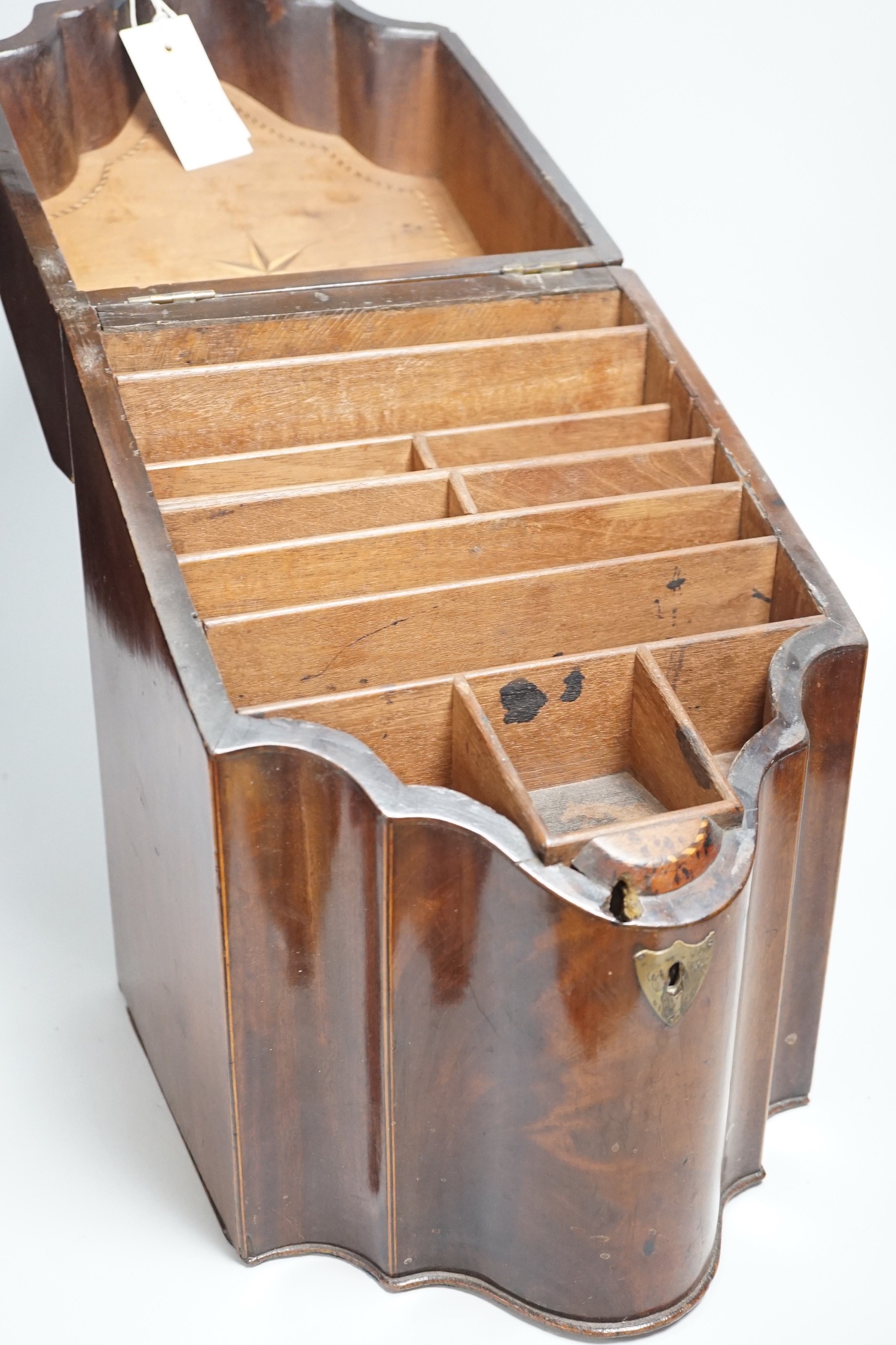 A George III crossbanded inlaid mahogany knife box, adapted interior, 35cm